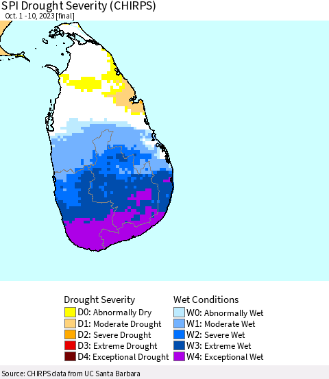 Sri Lanka SPI Drought Severity (CHIRPS) Thematic Map For 10/1/2023 - 10/10/2023