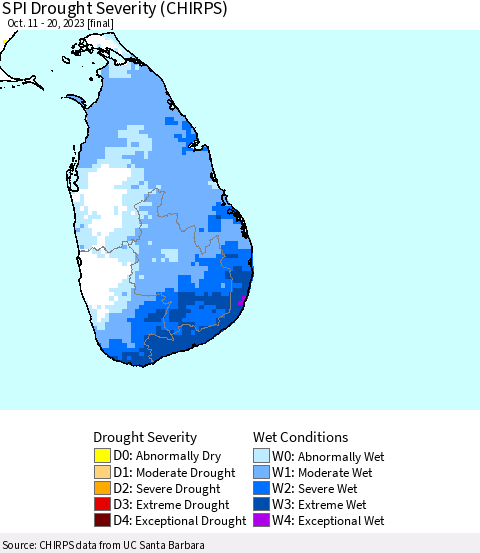 Sri Lanka SPI Drought Severity (CHIRPS) Thematic Map For 10/11/2023 - 10/20/2023