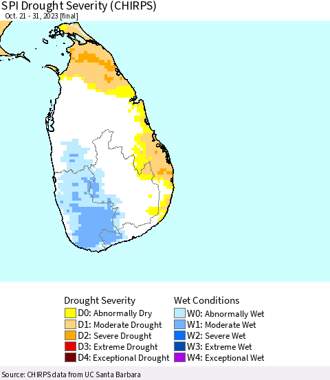 Sri Lanka SPI Drought Severity (CHIRPS) Thematic Map For 10/21/2023 - 10/31/2023