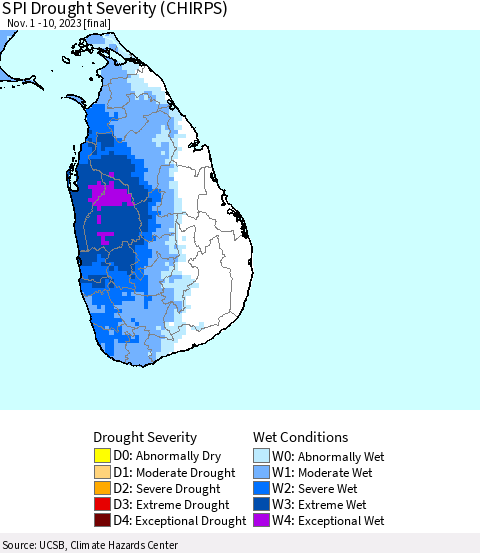 Sri Lanka SPI Drought Severity (CHIRPS) Thematic Map For 11/1/2023 - 11/10/2023