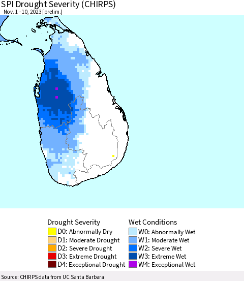Sri Lanka SPI Drought Severity (CHIRPS) Thematic Map For 11/1/2023 - 11/10/2023