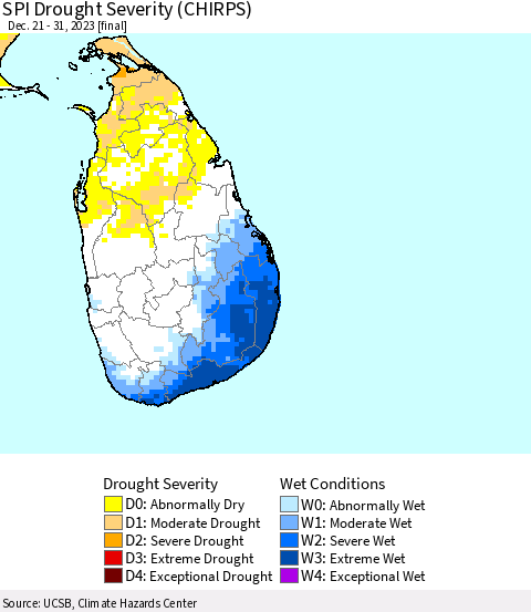 Sri Lanka SPI Drought Severity (CHIRPS) Thematic Map For 12/21/2023 - 12/31/2023