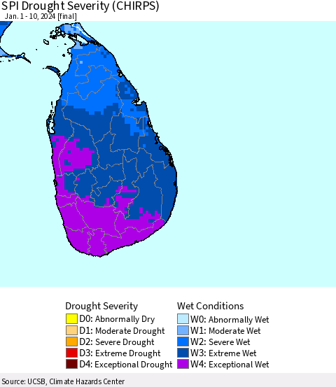 Sri Lanka SPI Drought Severity (CHIRPS) Thematic Map For 1/1/2024 - 1/10/2024