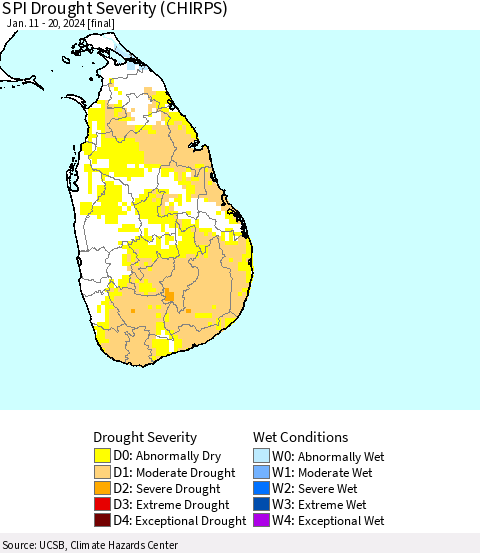 Sri Lanka SPI Drought Severity (CHIRPS) Thematic Map For 1/11/2024 - 1/20/2024