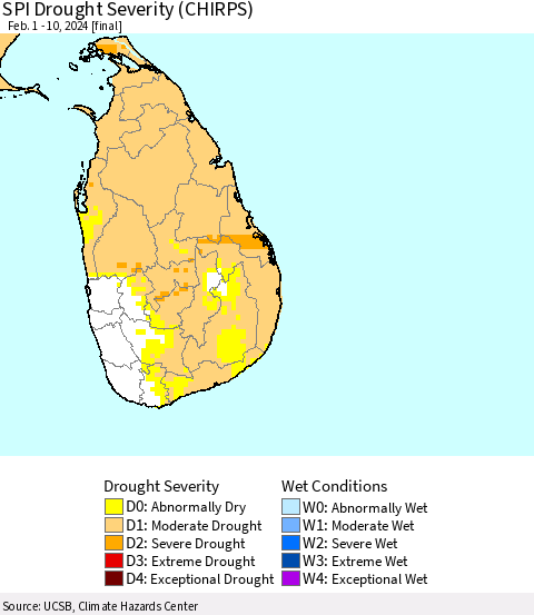 Sri Lanka SPI Drought Severity (CHIRPS) Thematic Map For 2/1/2024 - 2/10/2024