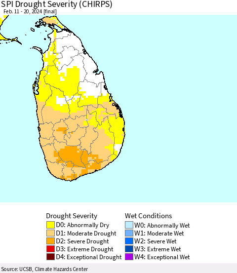Sri Lanka SPI Drought Severity (CHIRPS) Thematic Map For 2/11/2024 - 2/20/2024