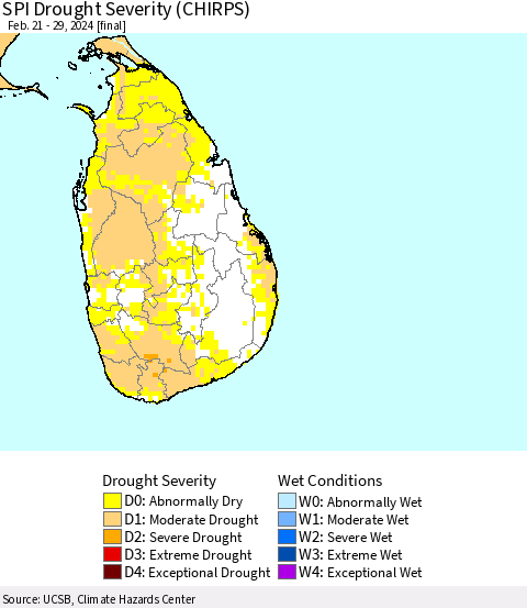 Sri Lanka SPI Drought Severity (CHIRPS) Thematic Map For 2/21/2024 - 2/29/2024