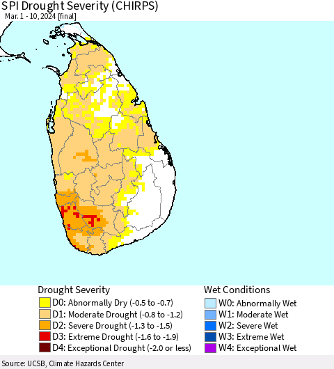 Sri Lanka SPI Drought Severity (CHIRPS) Thematic Map For 3/1/2024 - 3/10/2024