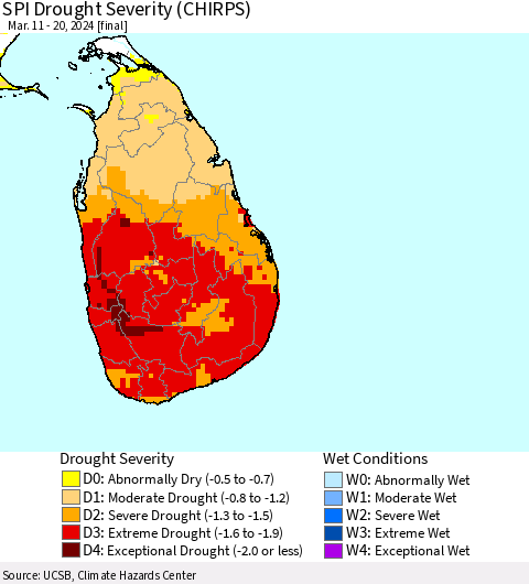 Sri Lanka SPI Drought Severity (CHIRPS) Thematic Map For 3/11/2024 - 3/20/2024