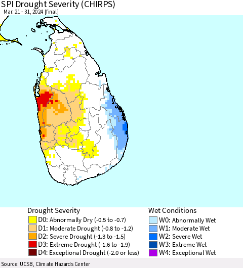 Sri Lanka SPI Drought Severity (CHIRPS) Thematic Map For 3/21/2024 - 3/31/2024