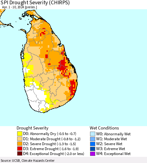 Sri Lanka SPI Drought Severity (CHIRPS) Thematic Map For 4/1/2024 - 4/10/2024