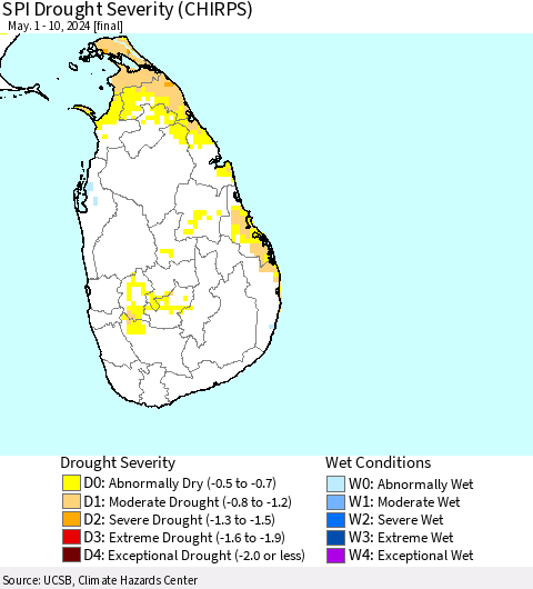 Sri Lanka SPI Drought Severity (CHIRPS) Thematic Map For 5/1/2024 - 5/10/2024