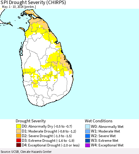 Sri Lanka SPI Drought Severity (CHIRPS) Thematic Map For 5/1/2024 - 5/10/2024