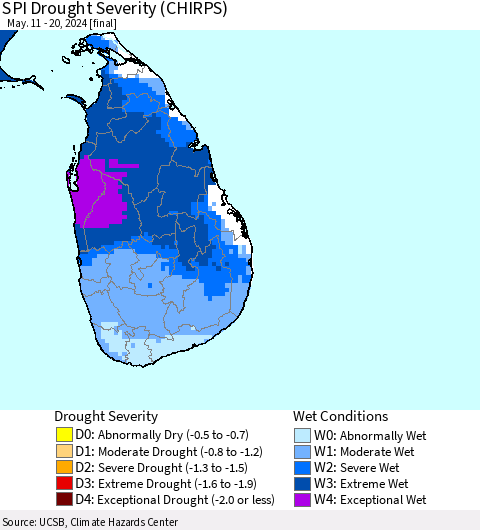 Sri Lanka SPI Drought Severity (CHIRPS) Thematic Map For 5/11/2024 - 5/20/2024