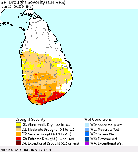 Sri Lanka SPI Drought Severity (CHIRPS) Thematic Map For 6/11/2024 - 6/20/2024