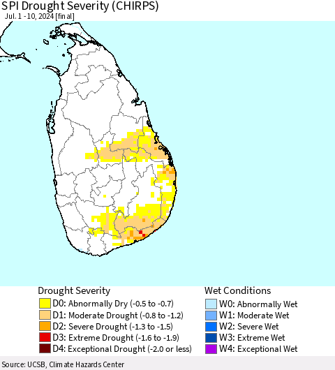 Sri Lanka SPI Drought Severity (CHIRPS) Thematic Map For 7/1/2024 - 7/10/2024
