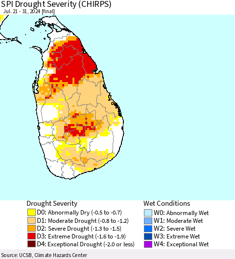 Sri Lanka SPI Drought Severity (CHIRPS) Thematic Map For 7/21/2024 - 7/31/2024