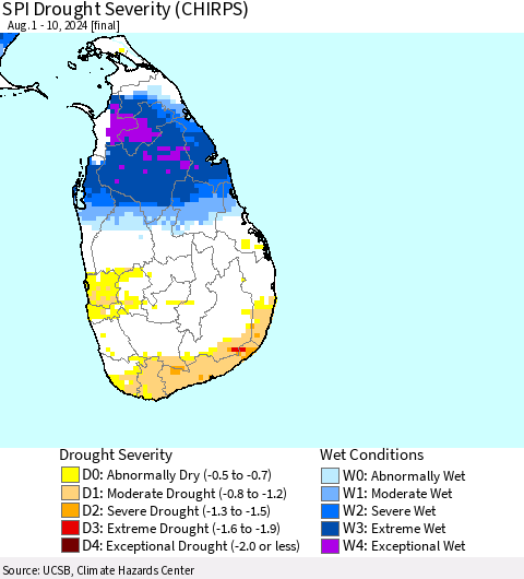 Sri Lanka SPI Drought Severity (CHIRPS) Thematic Map For 8/1/2024 - 8/10/2024