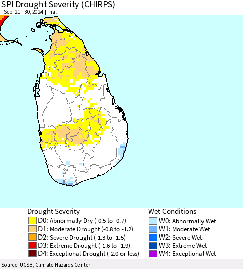 Sri Lanka SPI Drought Severity (CHIRPS) Thematic Map For 9/21/2024 - 9/30/2024