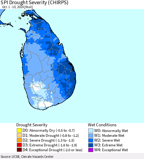 Sri Lanka SPI Drought Severity (CHIRPS) Thematic Map For 10/1/2024 - 10/10/2024