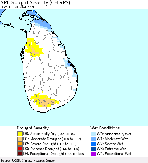 Sri Lanka SPI Drought Severity (CHIRPS) Thematic Map For 10/11/2024 - 10/20/2024