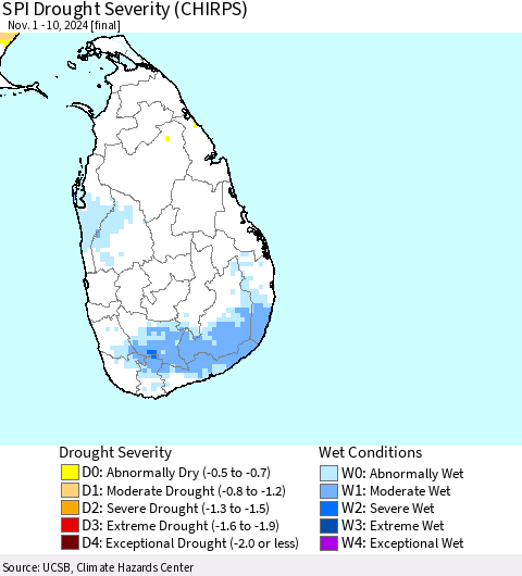 Sri Lanka SPI Drought Severity (CHIRPS) Thematic Map For 11/1/2024 - 11/10/2024