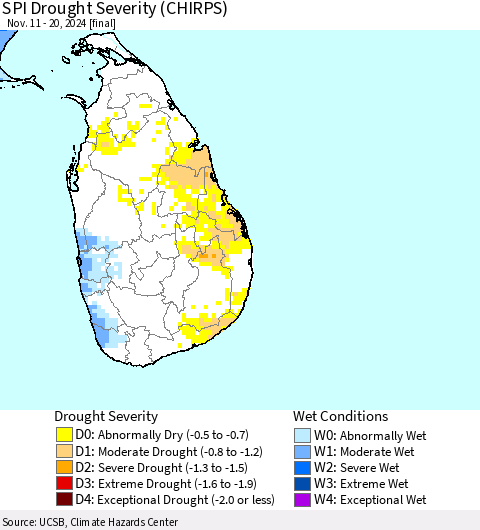 Sri Lanka SPI Drought Severity (CHIRPS) Thematic Map For 11/11/2024 - 11/20/2024