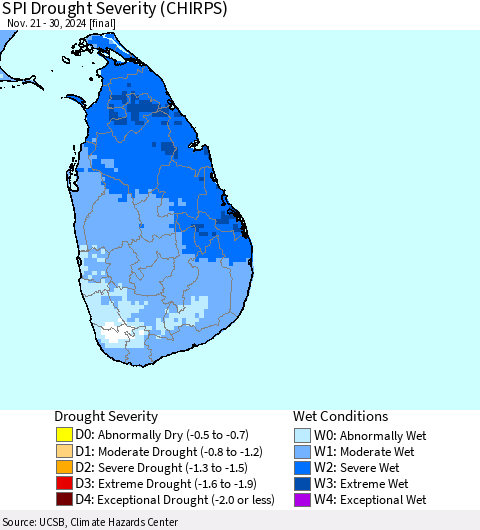 Sri Lanka SPI Drought Severity (CHIRPS) Thematic Map For 11/21/2024 - 11/30/2024