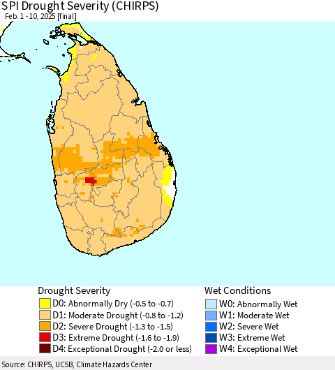 Sri Lanka SPI Drought Severity (CHIRPS) Thematic Map For 2/1/2025 - 2/10/2025