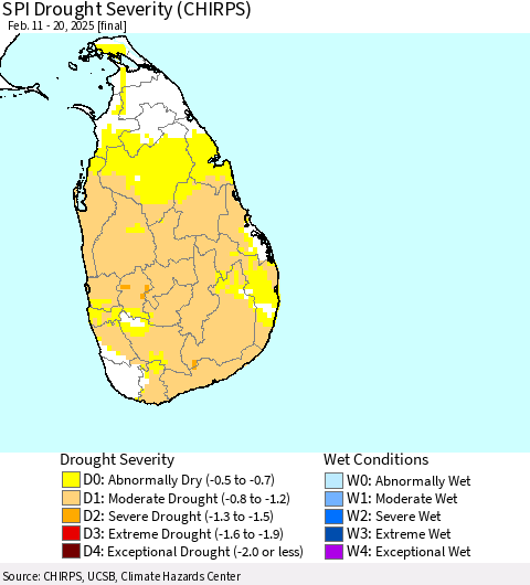 Sri Lanka SPI Drought Severity (CHIRPS) Thematic Map For 2/11/2025 - 2/20/2025