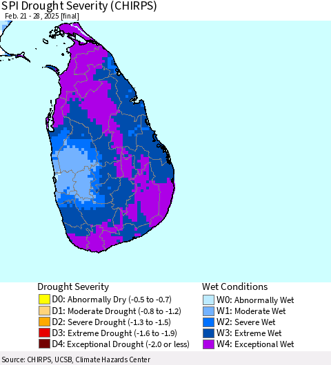 Sri Lanka SPI Drought Severity (CHIRPS) Thematic Map For 2/21/2025 - 2/28/2025