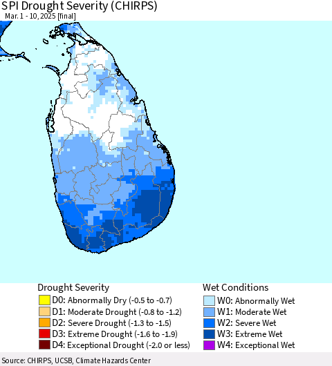 Sri Lanka SPI Drought Severity (CHIRPS) Thematic Map For 3/1/2025 - 3/10/2025