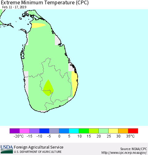 Sri Lanka Minimum Daily Temperature (CPC) Thematic Map For 2/11/2019 - 2/17/2019