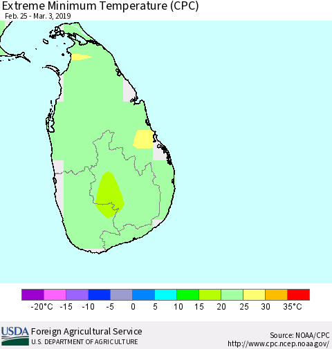Sri Lanka Minimum Daily Temperature (CPC) Thematic Map For 2/25/2019 - 3/3/2019
