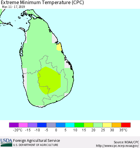Sri Lanka Minimum Daily Temperature (CPC) Thematic Map For 3/11/2019 - 3/17/2019