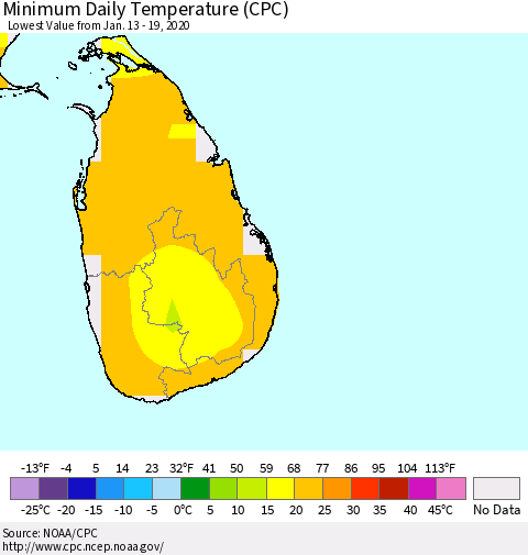 Sri Lanka Minimum Daily Temperature (CPC) Thematic Map For 1/13/2020 - 1/19/2020