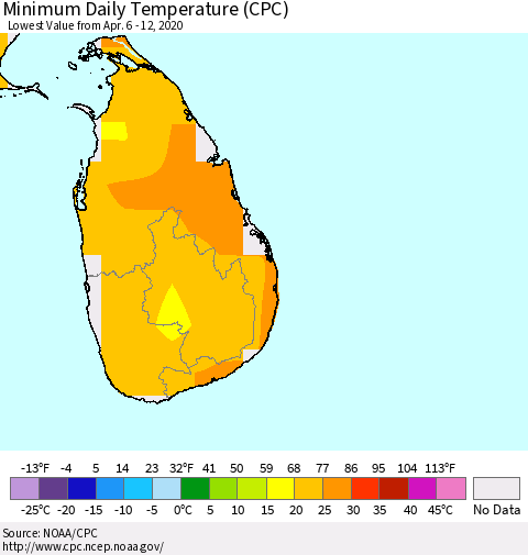 Sri Lanka Extreme Minimum Temperature (CPC) Thematic Map For 4/6/2020 - 4/12/2020