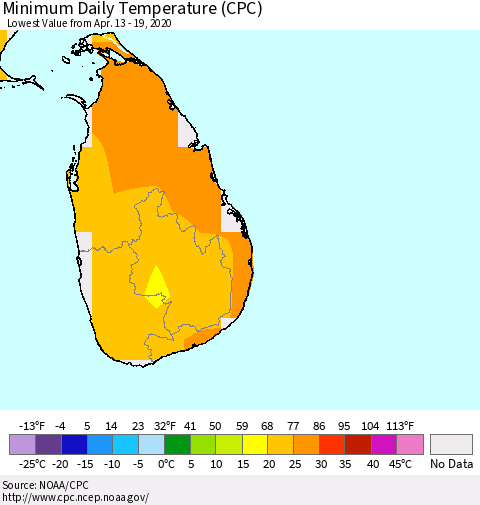 Sri Lanka Extreme Minimum Temperature (CPC) Thematic Map For 4/13/2020 - 4/19/2020