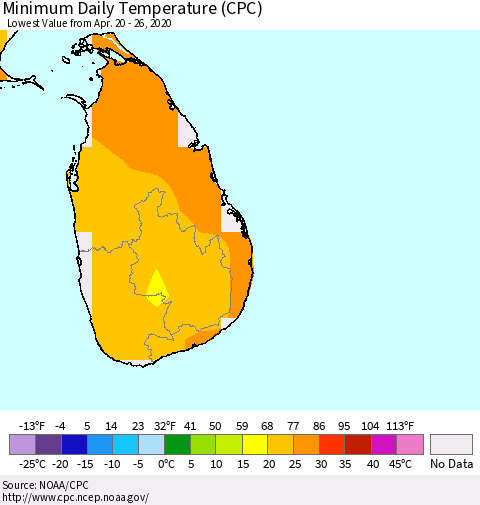 Sri Lanka Extreme Minimum Temperature (CPC) Thematic Map For 4/20/2020 - 4/26/2020