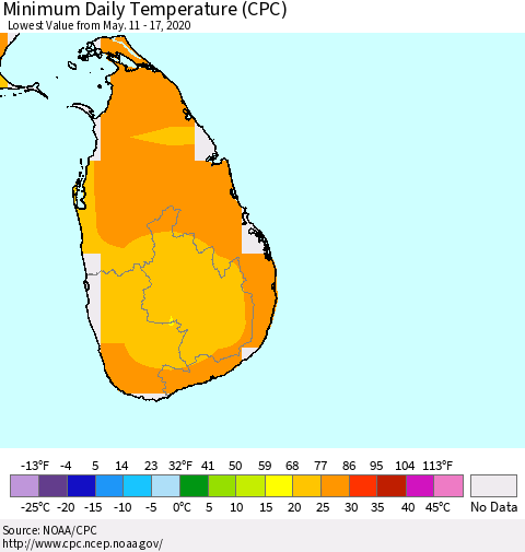 Sri Lanka Extreme Minimum Temperature (CPC) Thematic Map For 5/11/2020 - 5/17/2020