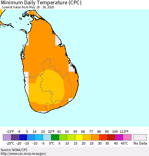 Sri Lanka Extreme Minimum Temperature (CPC) Thematic Map For 5/18/2020 - 5/24/2020