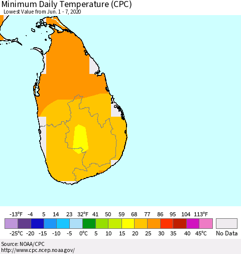 Sri Lanka Minimum Daily Temperature (CPC) Thematic Map For 6/1/2020 - 6/7/2020