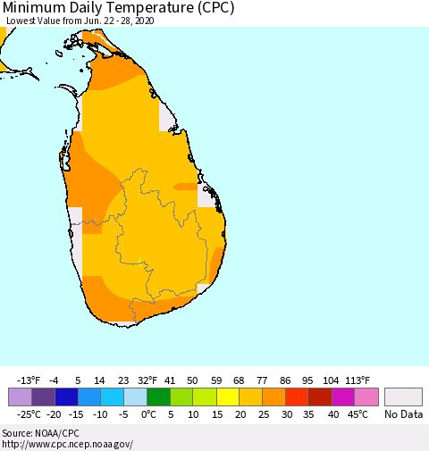 Sri Lanka Extreme Minimum Temperature (CPC) Thematic Map For 6/22/2020 - 6/28/2020