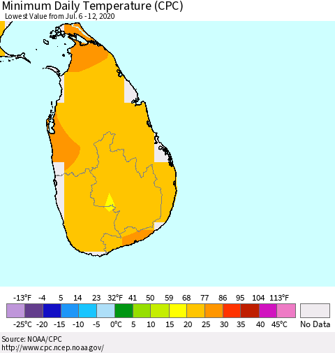 Sri Lanka Extreme Minimum Temperature (CPC) Thematic Map For 7/6/2020 - 7/12/2020