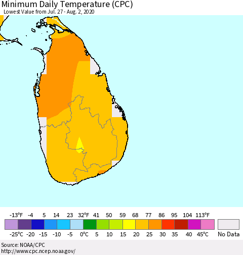 Sri Lanka Extreme Minimum Temperature (CPC) Thematic Map For 7/27/2020 - 8/2/2020