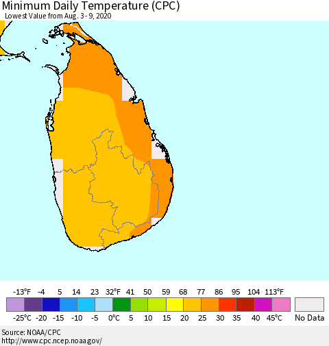 Sri Lanka Minimum Daily Temperature (CPC) Thematic Map For 8/3/2020 - 8/9/2020