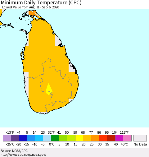 Sri Lanka Extreme Minimum Temperature (CPC) Thematic Map For 8/31/2020 - 9/6/2020