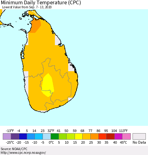 Sri Lanka Minimum Daily Temperature (CPC) Thematic Map For 9/7/2020 - 9/13/2020