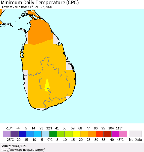 Sri Lanka Minimum Daily Temperature (CPC) Thematic Map For 9/21/2020 - 9/27/2020