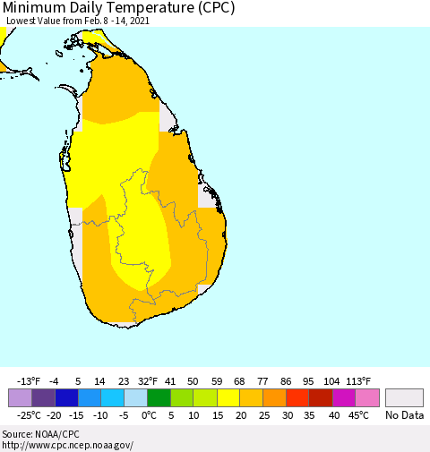 Sri Lanka Minimum Daily Temperature (CPC) Thematic Map For 2/8/2021 - 2/14/2021